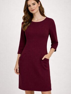 Boden Ottilie Ponte Pocket Dress Women Size 6R Burgundy 3/4 Sleeve Shift Work